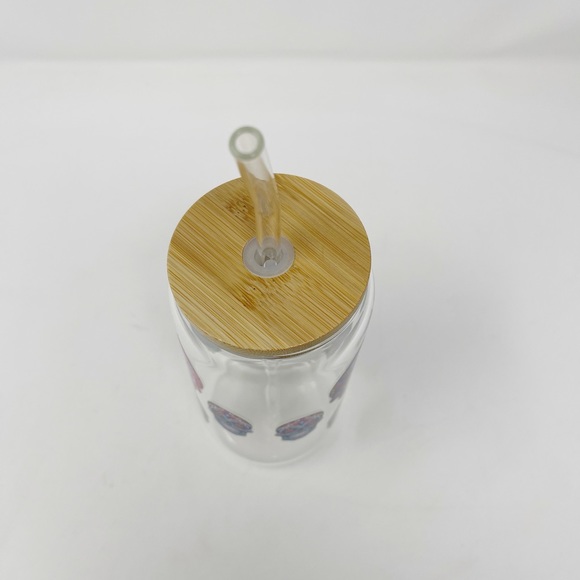 NEW! Sugar skull calavera glass cup with bamboo lid and glass straw 16 oz - Picture 5 of 7
